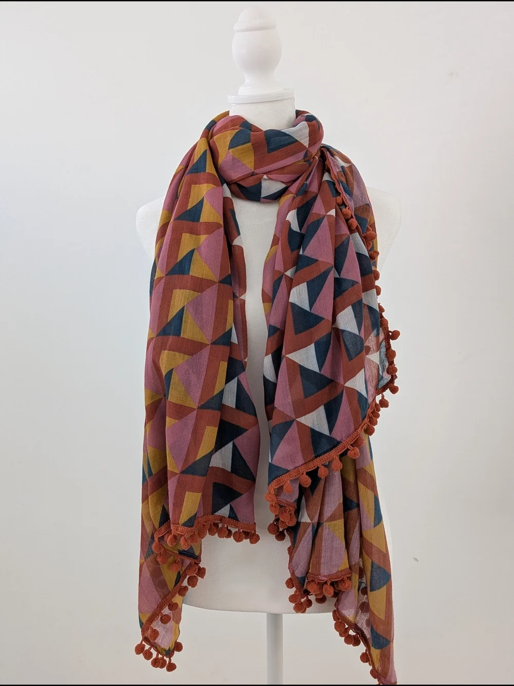 Prana Scarf Geometric Block Print Pom-Pom Trim Oversized 68